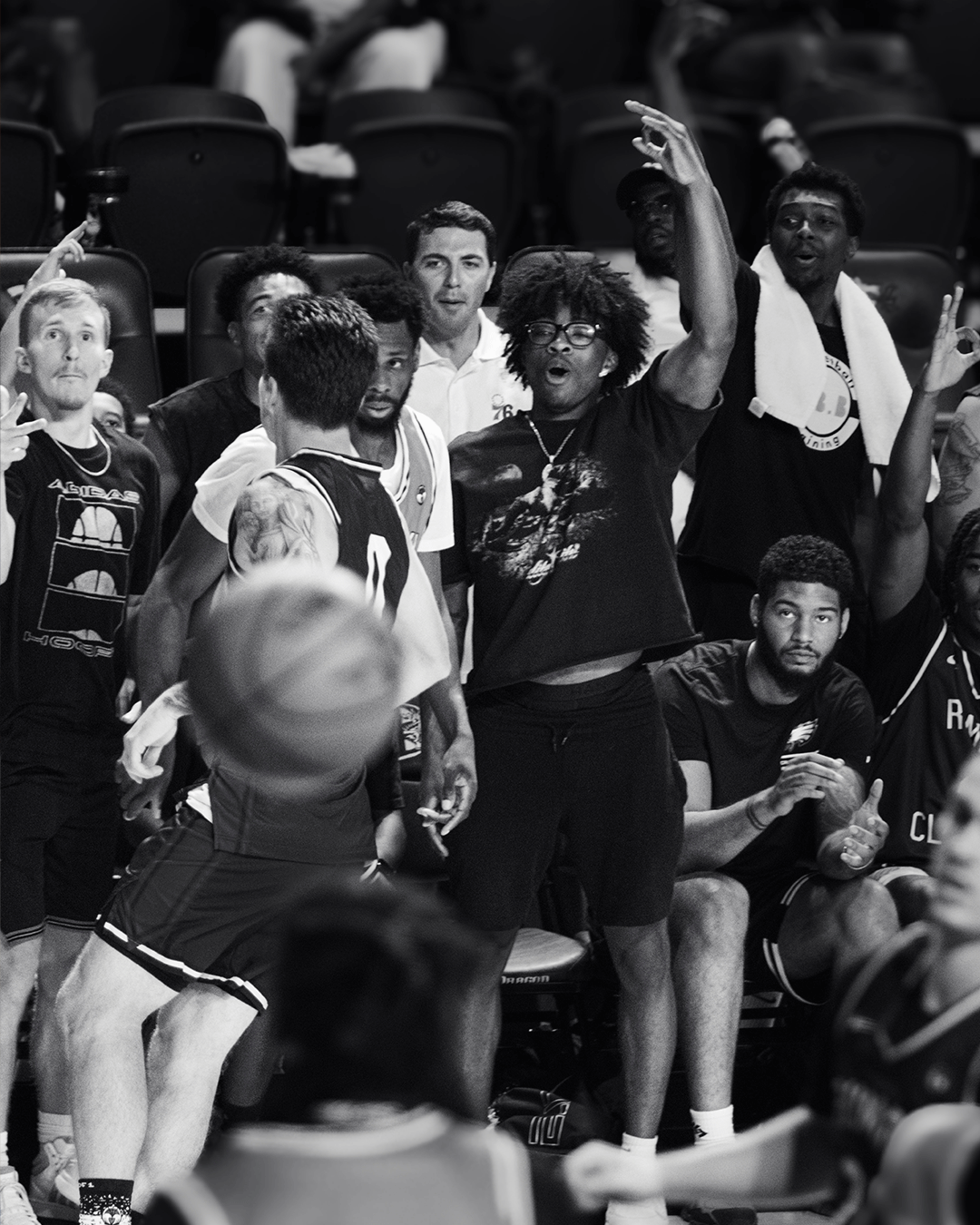 Black and white Danny Rumph Classic bench reaction during play