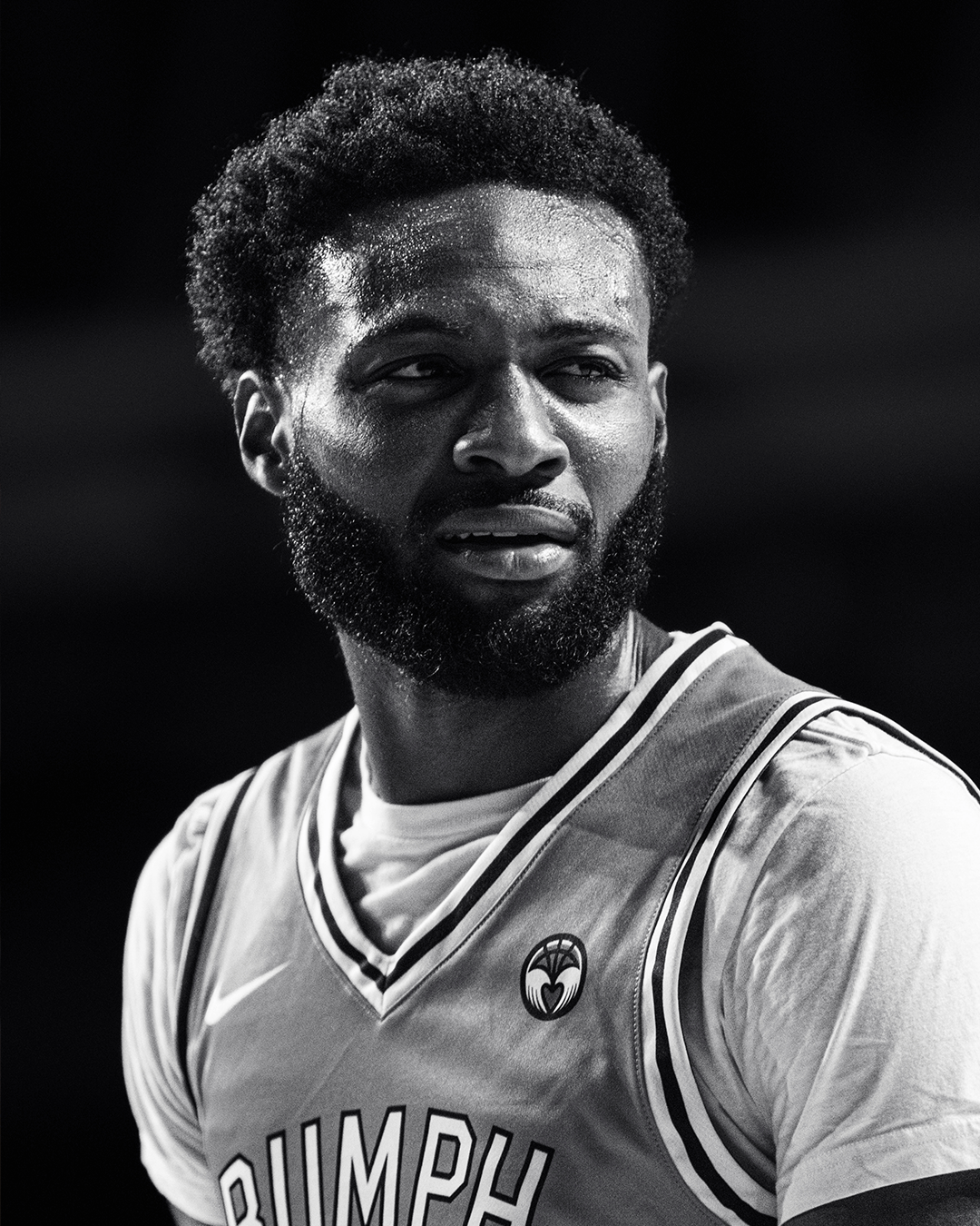 Black and white Jaylen Brown portrait in a Danny Rumph Classic jersey