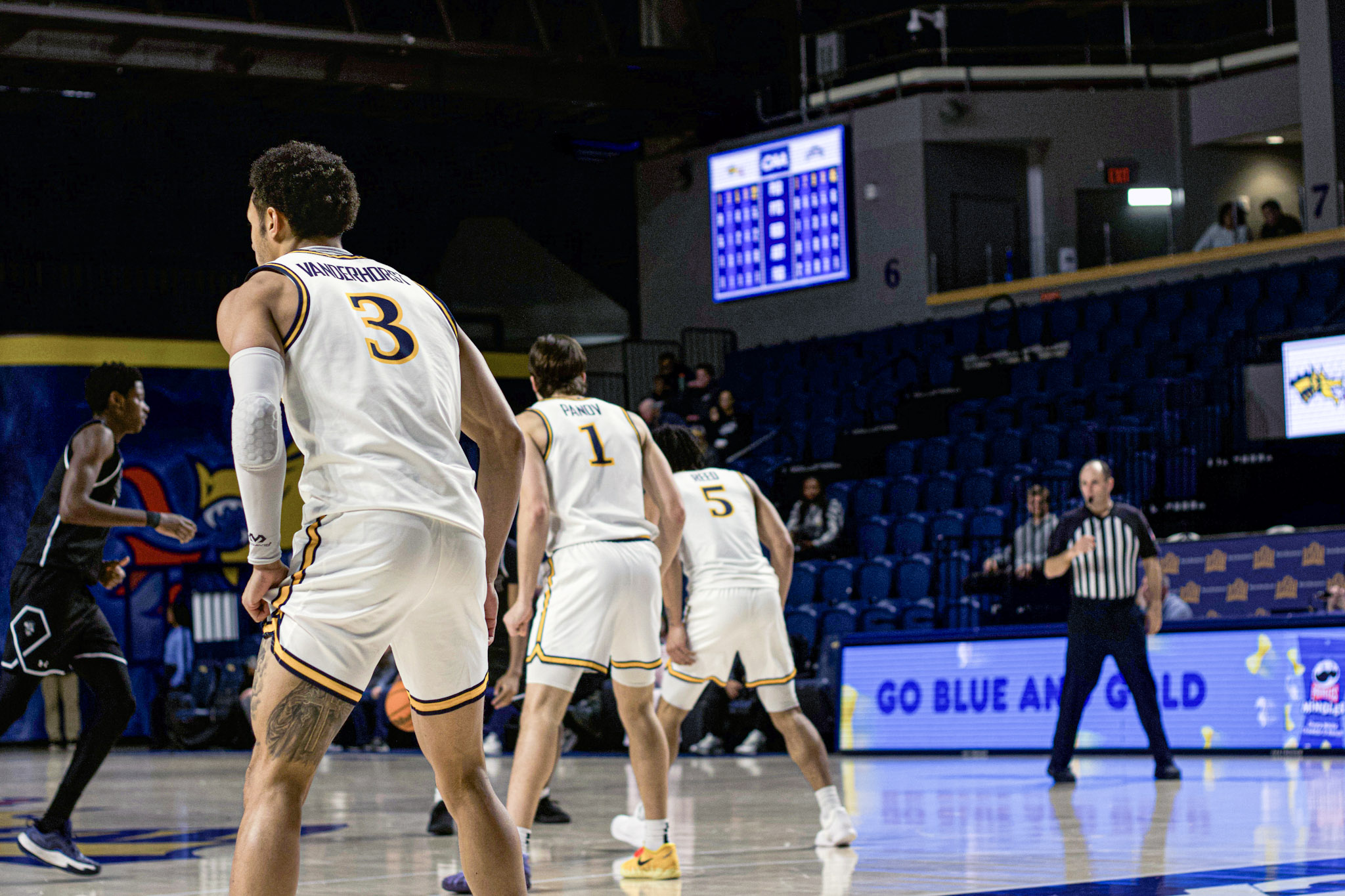 Drexel basketball players lined up on the court