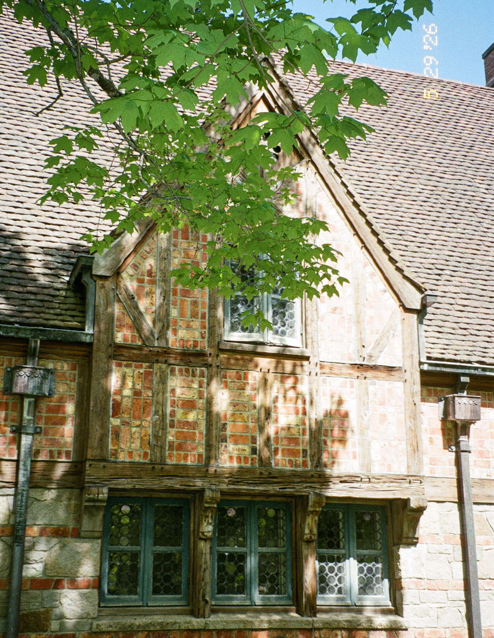 Brick house with green leaves on film