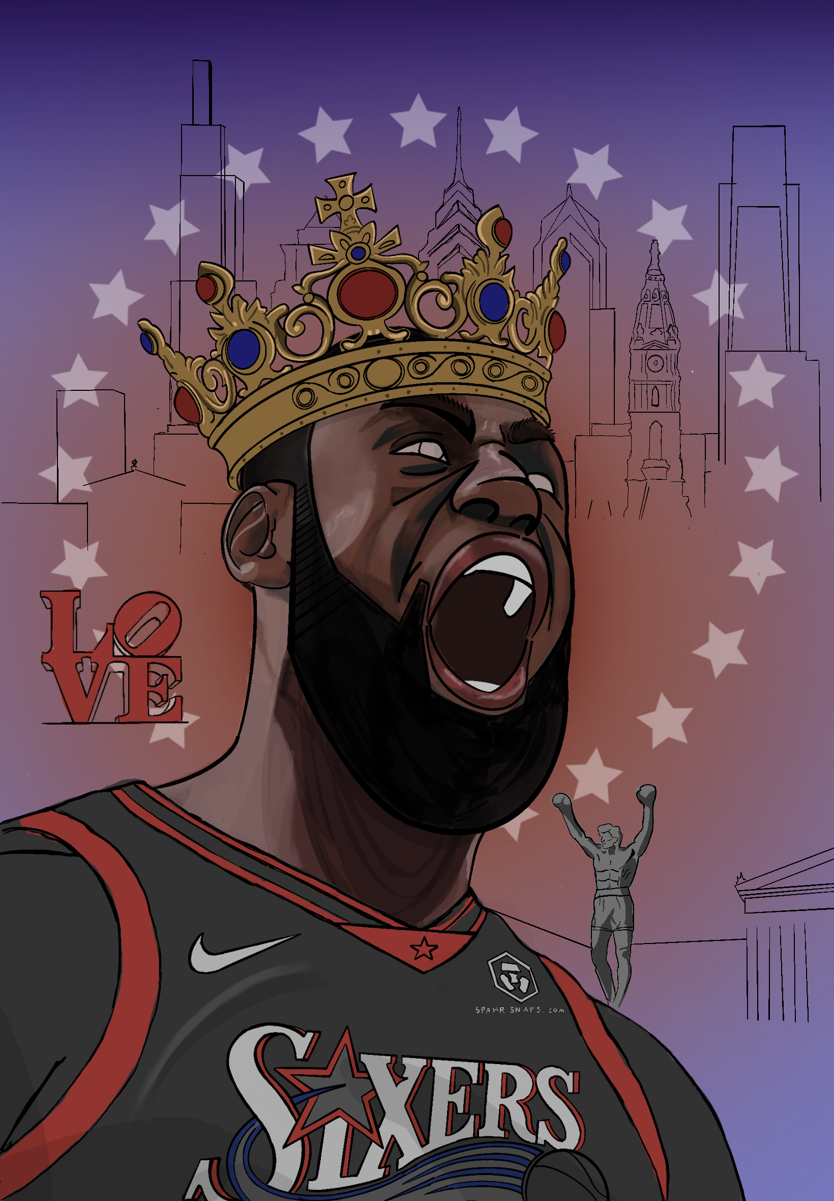 Digital illustration of a crowned Philadelphia 76ers player with Philadelphia skyline artwork