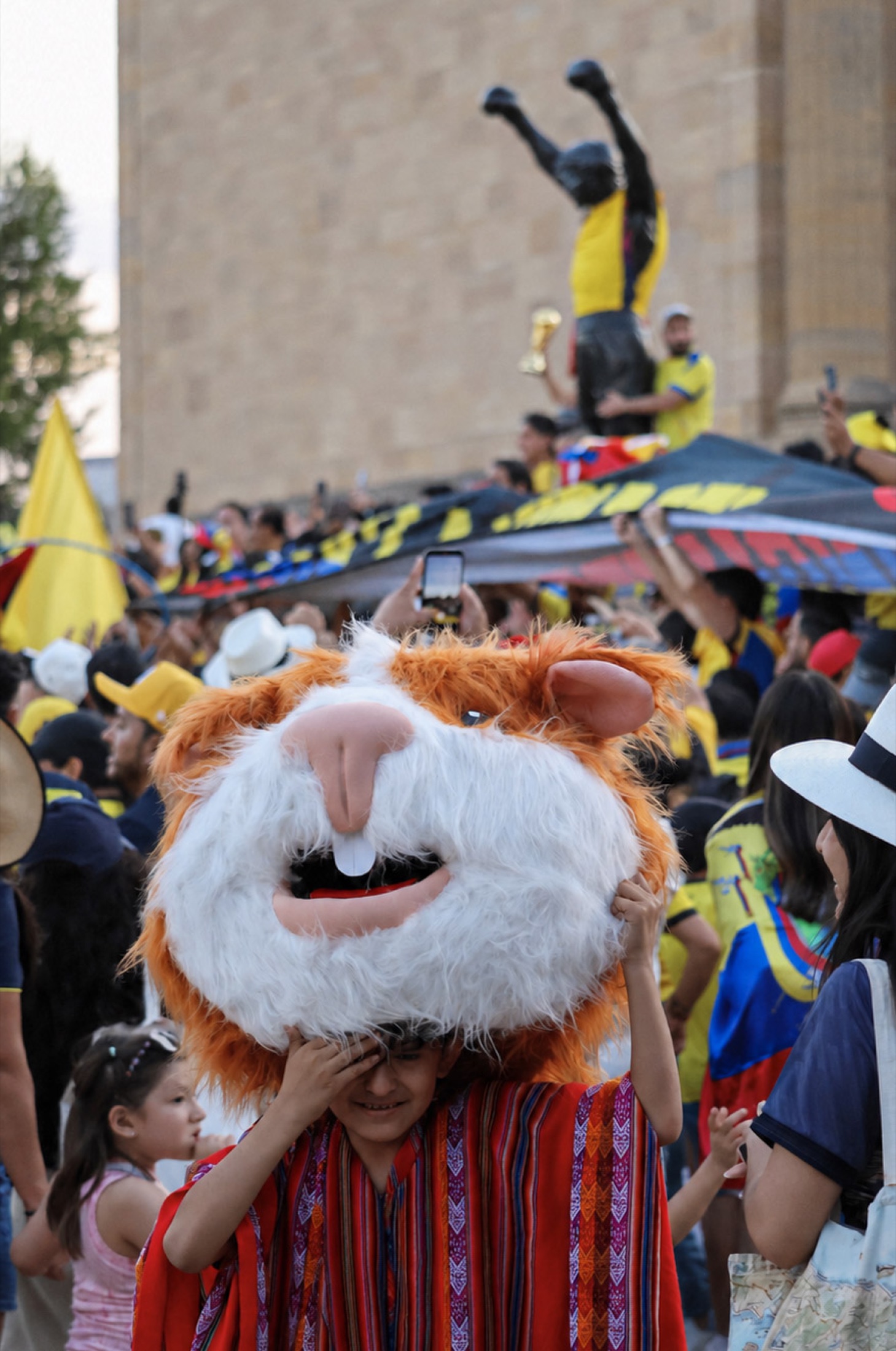 Child in costume among Ecuadorian fans at FIFA Fan Fest