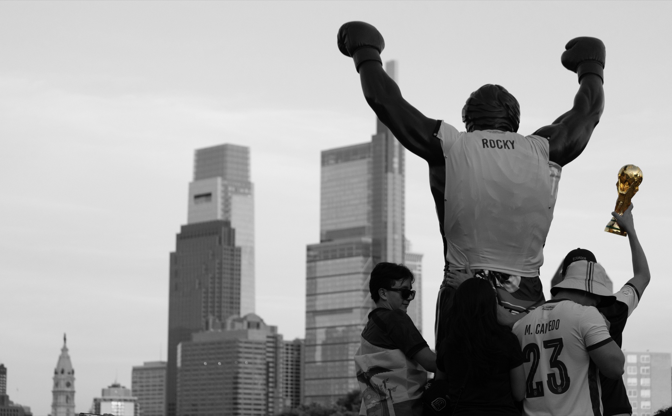 Rocky statue with Ecuador fans and Philadelphia skyline