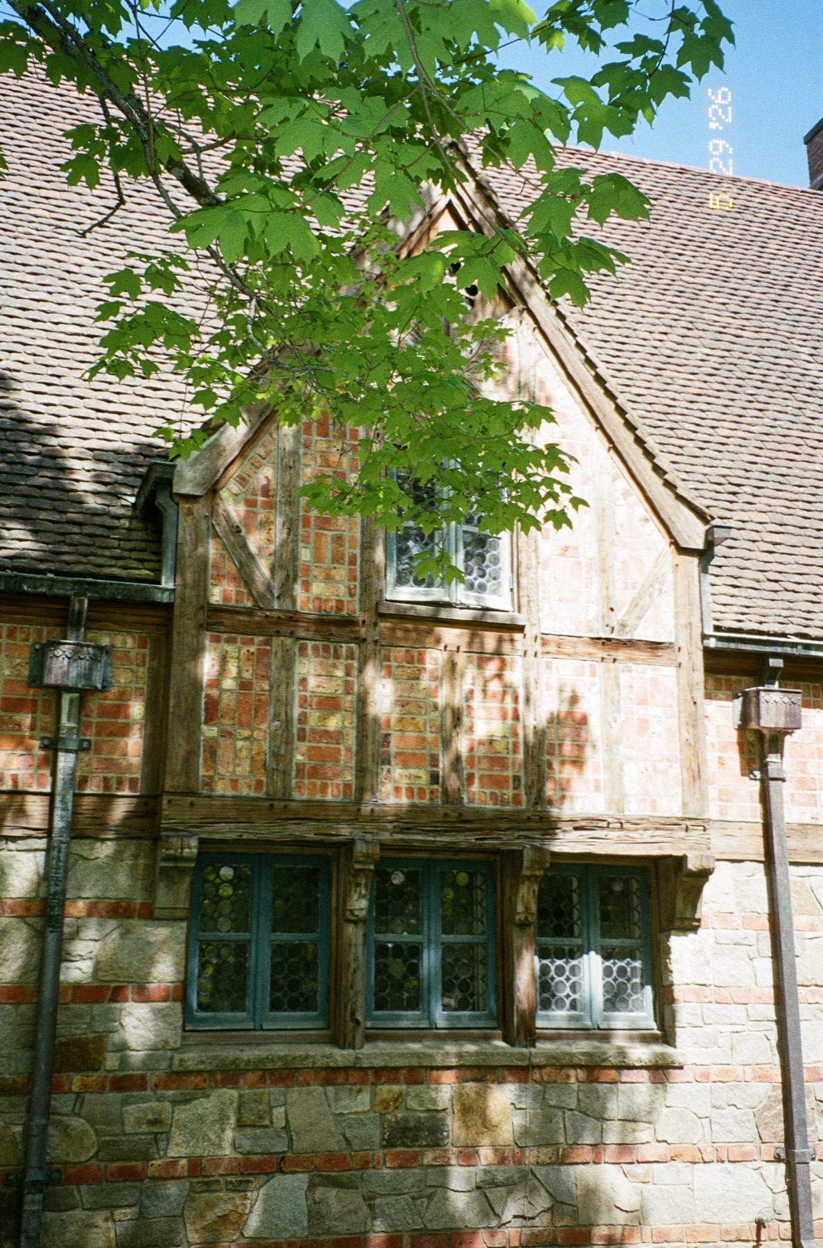 Brick and timber building detail in Maine
