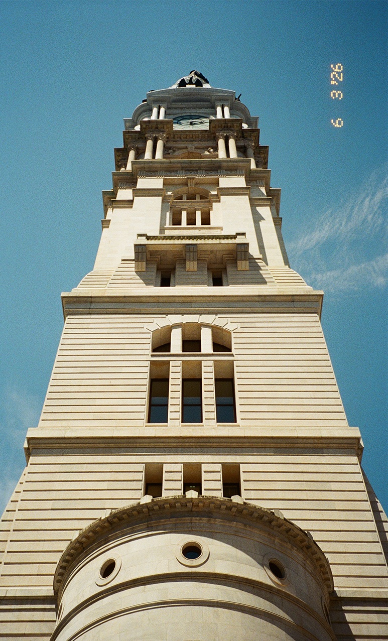 Philadelphia City Hall tower photographed from below on 35mm film